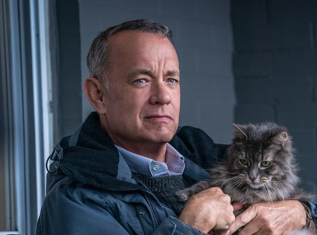 Tom Hanks holding a gray cat, wearing a dark jacket and sweater, looking thoughtfully out of a window.