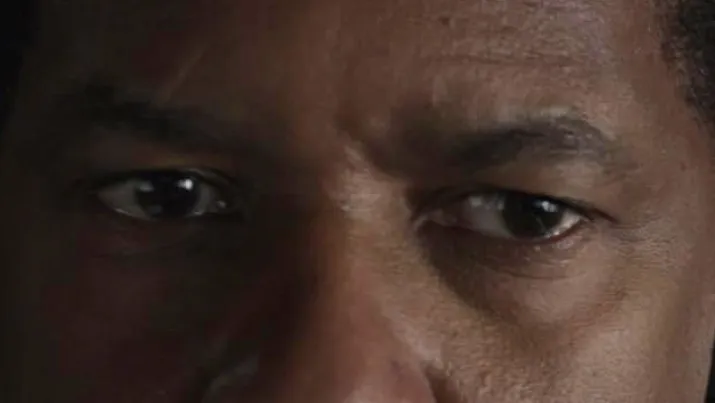 Close-up of a celebrity's eyes making intense eye contact, emphasizing the power of celebrity eyes in the image.