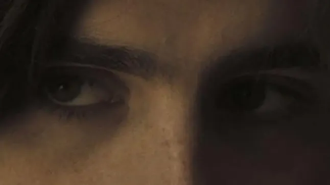 Close-up of celebrity eyes in dim lighting, focusing on detailed eyebrow and skin texture for a guessing game.