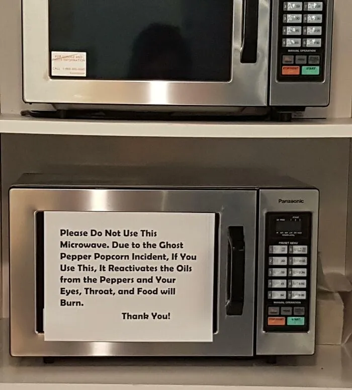 Yesterday, This Guy Put Ghost Pepper Popcorn In Our Industrial Microwave At Work For Over 5 Minutes