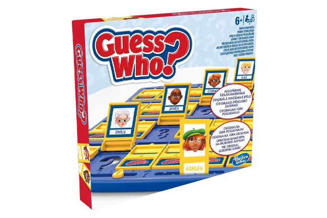Guess Who board game box featuring character cards on a blue game board for family and friends.