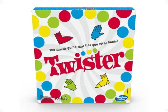 Twister board game box displaying colorful circles and hand and foot icons for a classic party game.