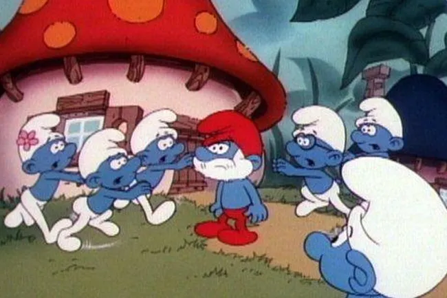 The Smurfs cartoon characters gathered outside their iconic mushroom house in a nostalgic Saturday morning scene.