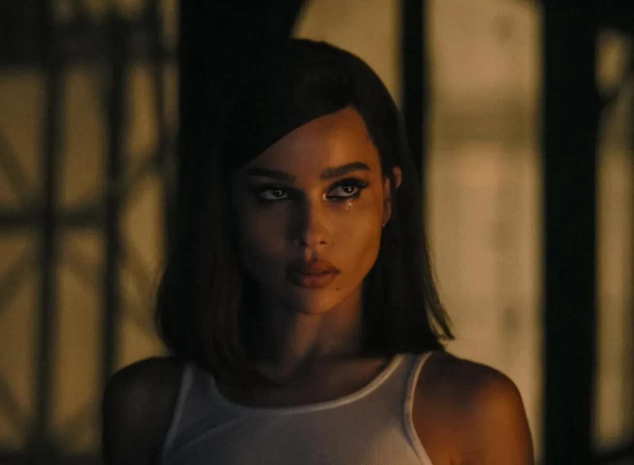 Zoë Kravitz with dark hair and makeup looking off into the distance in dimly lit indoor setting.