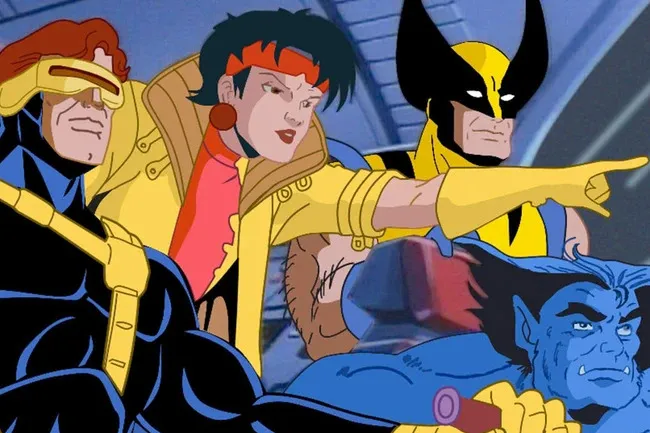 Animated X-Men characters Cyclops, Jubilee, Wolverine, and Beast in action scene from nostalgic Saturday morning cartoon.