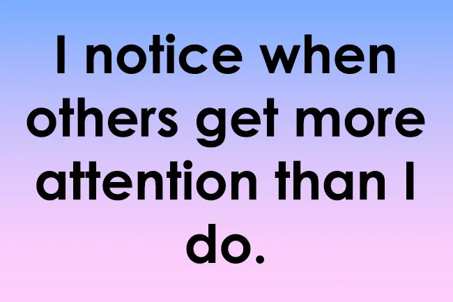 Statement on narcissism scale: I notice when others get more attention than I do, with a gradient blue and pink background.