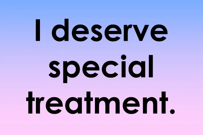Text stating I deserve special treatment, related to narcissism scale rating from strongly disagree 1 to strongly agree 6.