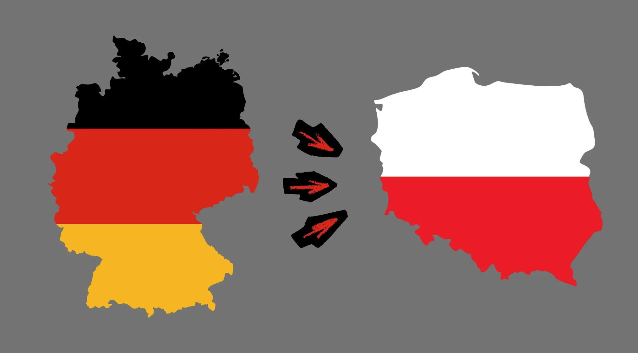 Map outlines of Germany and Poland with arrows indicating Germany invasion toward Poland for UK citizenship test questions.
