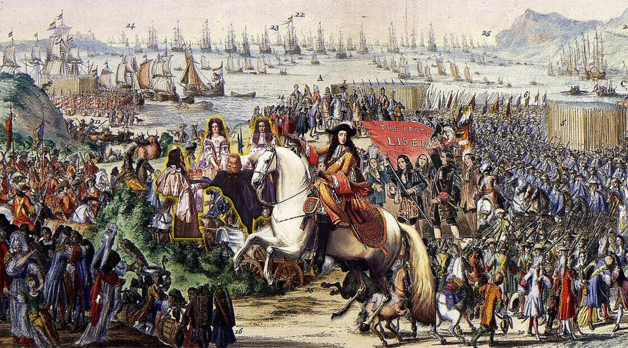 Painting of William of Orange arriving in England with troops during the peaceful Glorious Revolution takeover in UK history.
