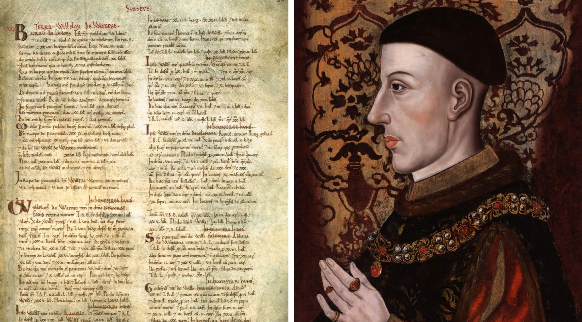 Medieval manuscript of the Domesday Book alongside a portrait of King Henry V in traditional royal attire.
