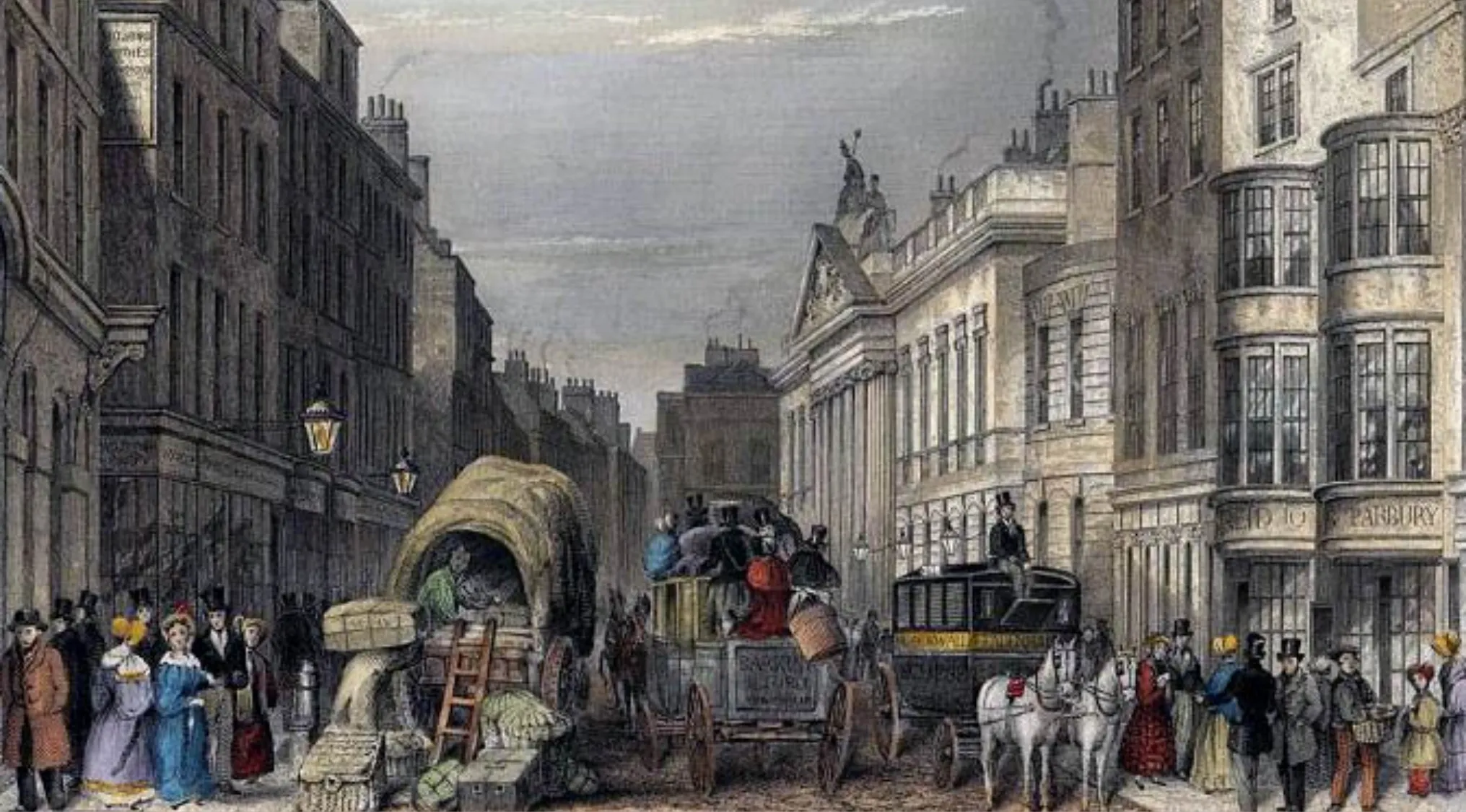 Victorian Age street scene with horse-drawn carriages and people, illustrating free trade policies in the UK.
