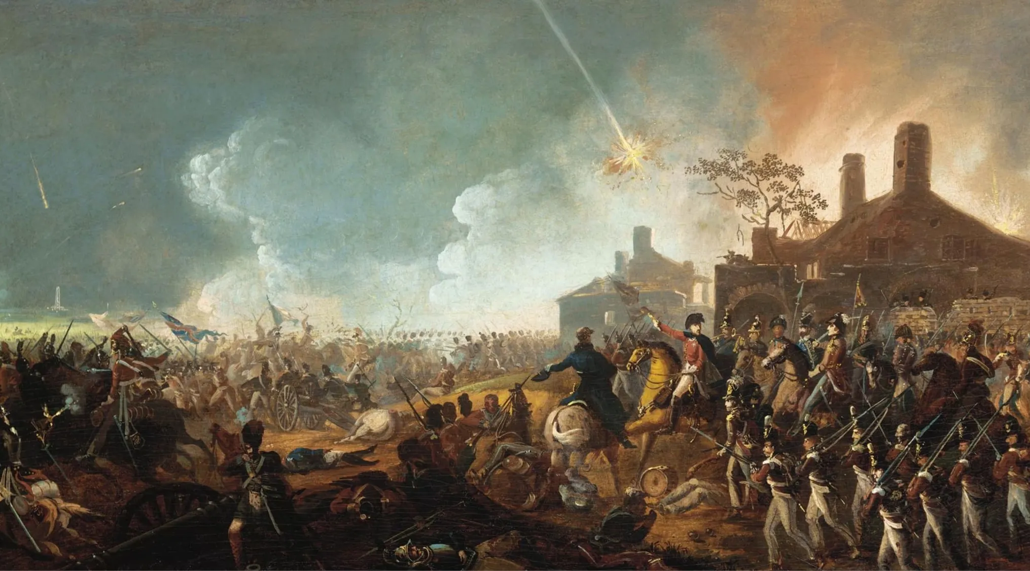 Historic painting depicting the Battle of Waterloo, illustrating a key UK citizenship test question on British and French battles.