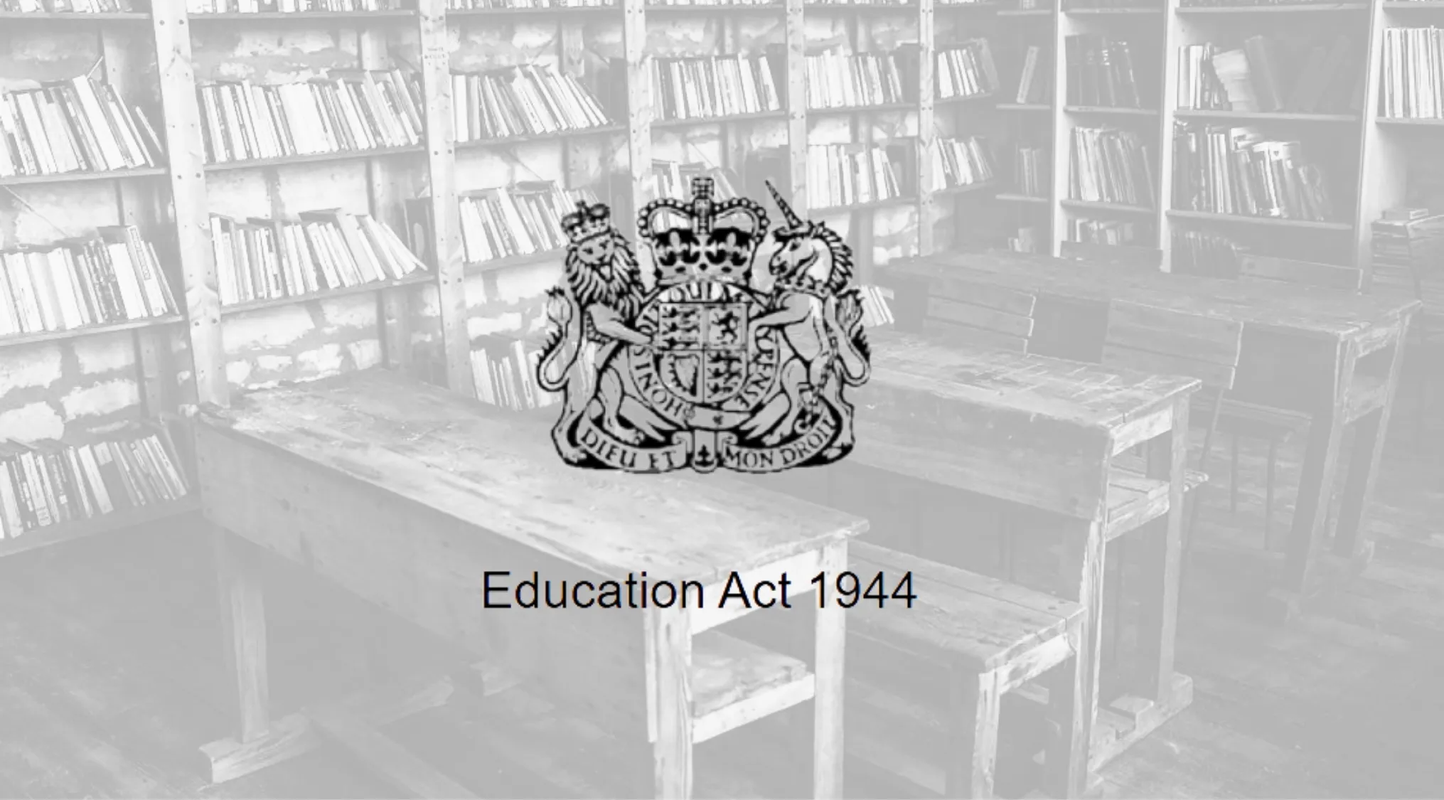 Old classroom with wooden desks and bookshelves, Education Act 1944 symbol related to UK citizenship test questions.