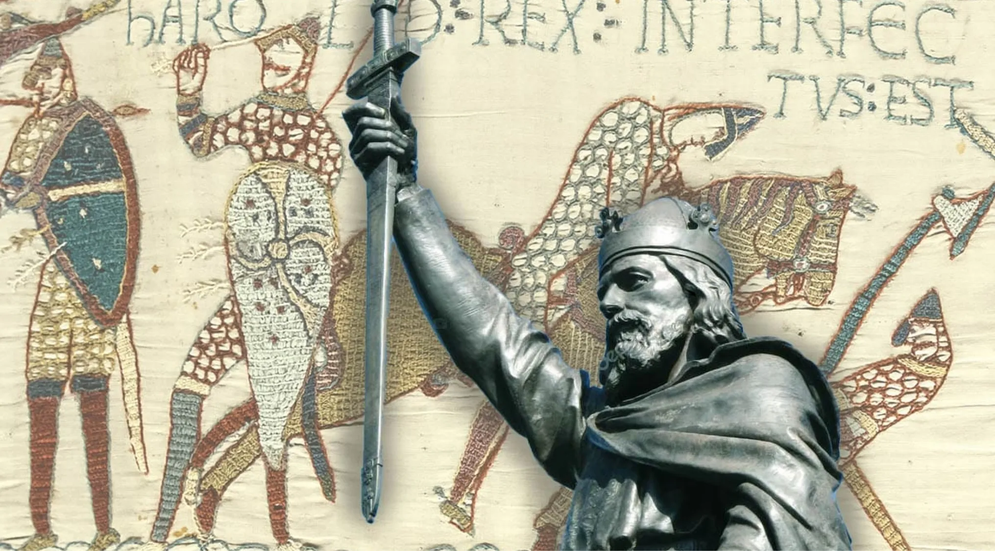 Statue of an Anglo-Saxon king with sword in front of historic embroidery depicting Viking battles and uniting kingdoms.