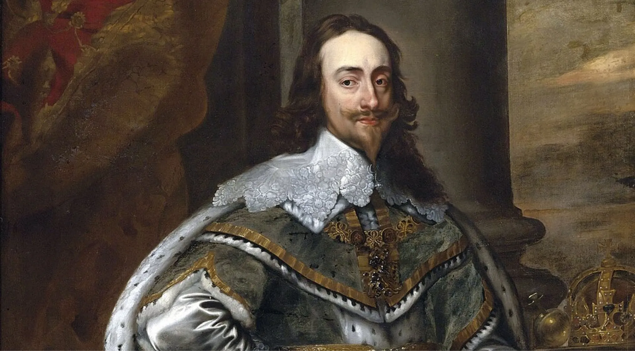 Portrait of King Charles I wearing royal robes and lace collar, representing Divine Right of Kings in UK citizenship test questions.