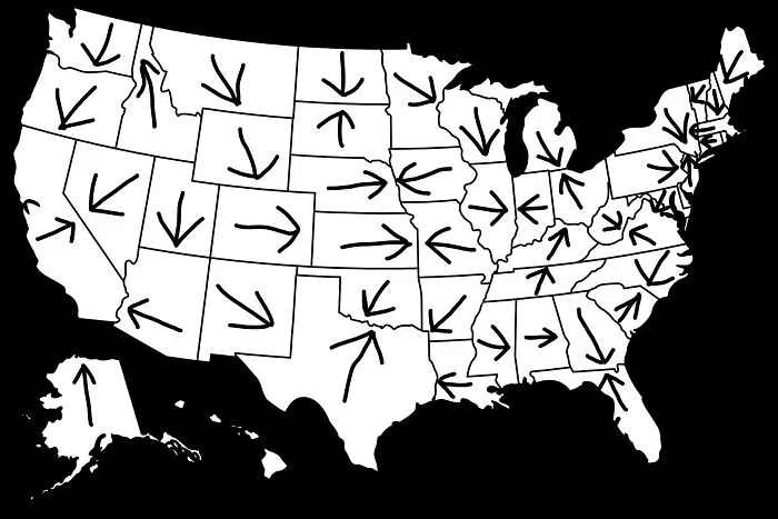 Map of the United States with hand-drawn arrows pointing in various directions, a funny geography meme.