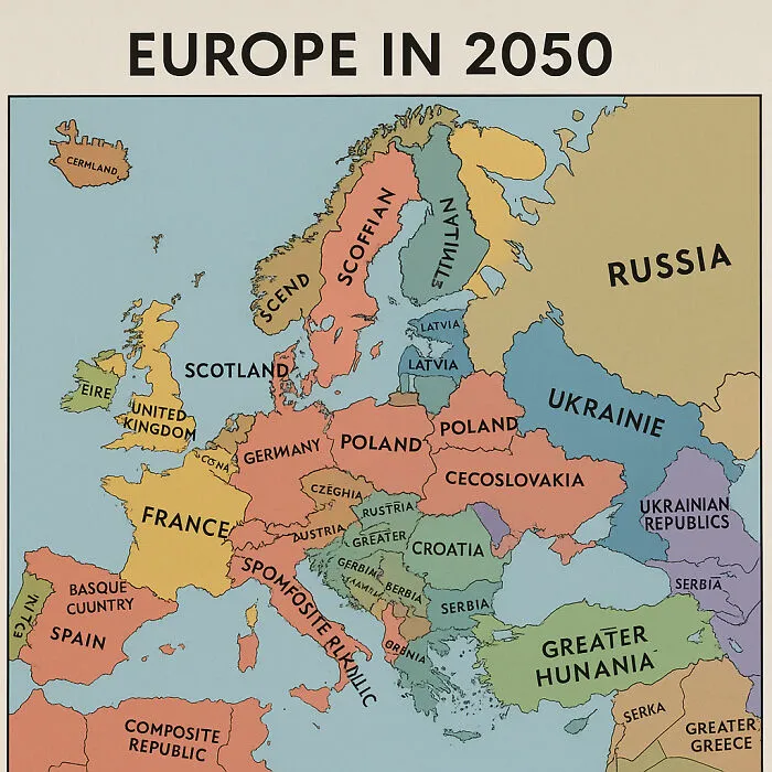 Funny and silly geography memes showing a humorous imaginary map of Europe in 2050 with altered country names and borders.