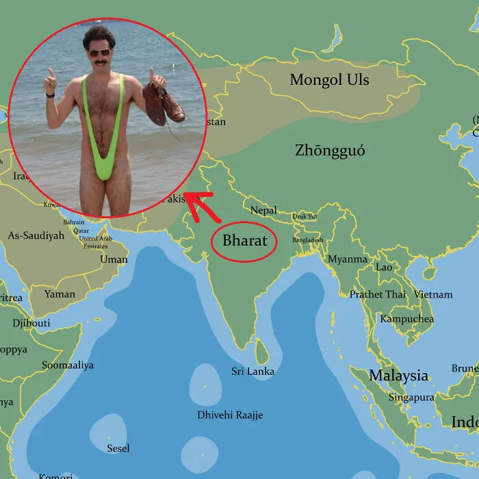 Map highlighting Bharat with a humorous meme inset, combining funny and silly geography memes for entertainment purposes.