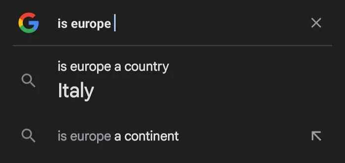 Google search suggestions asking if Europe is a country or continent, highlighting funny geography memes and misconceptions.