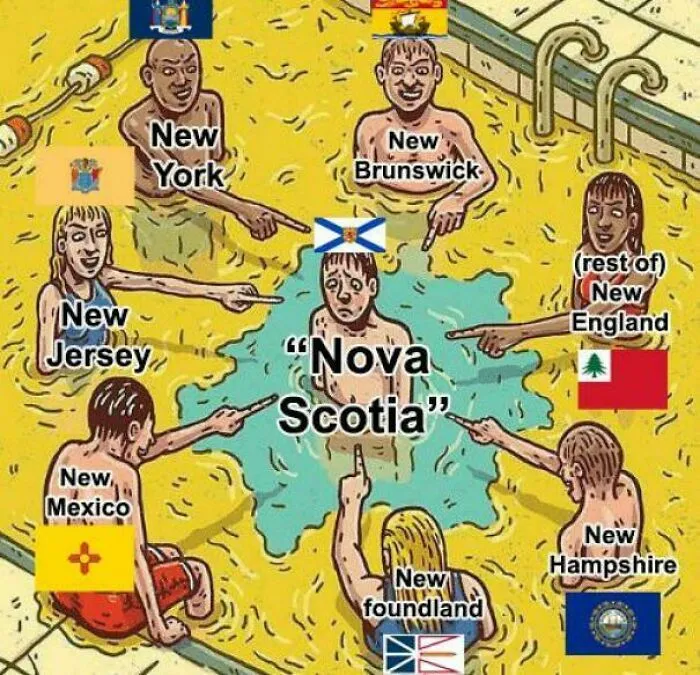 Illustration of people labeled as US states pointing and laughing at a person labeled Nova Scotia, highlighting funny geography memes.