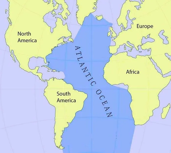 Map showing continents North America, South America, Europe, Africa, and the Atlantic Ocean for geography meme content.