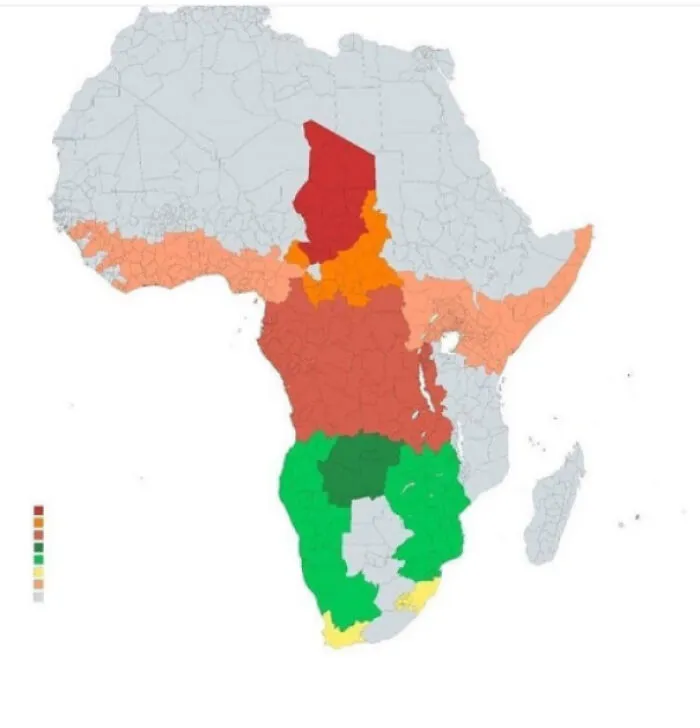 Color-coded map of Africa highlighting regions with varying intensities related to geography in a visual meme style.