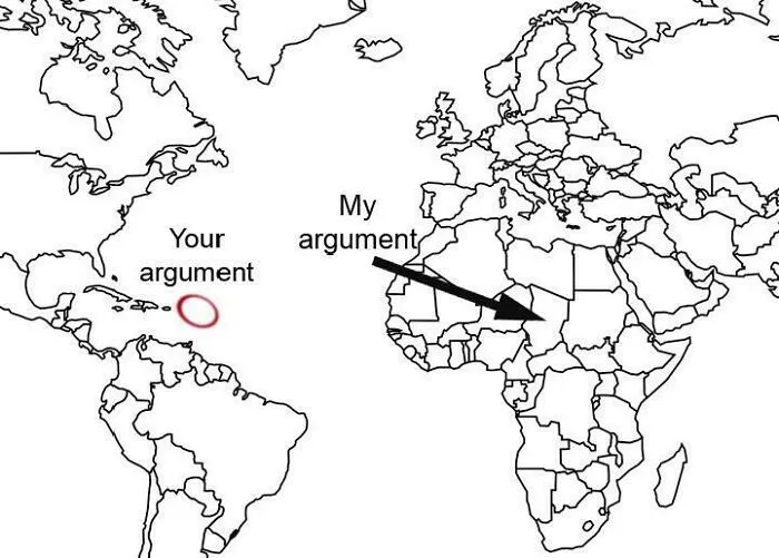 Map highlighting two arguments with arrows pointing near the Caribbean and central Africa in a humorous geography meme.
