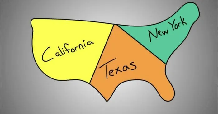 Simplified map of the United States showing only California, Texas, and New York for a funny geography meme illustration.