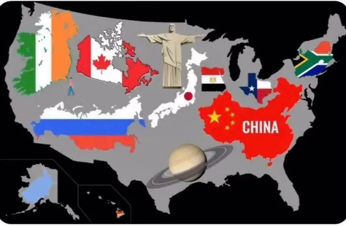 US map filled with various country flags and landmarks, showcasing geography humor in a funny and silly meme style.