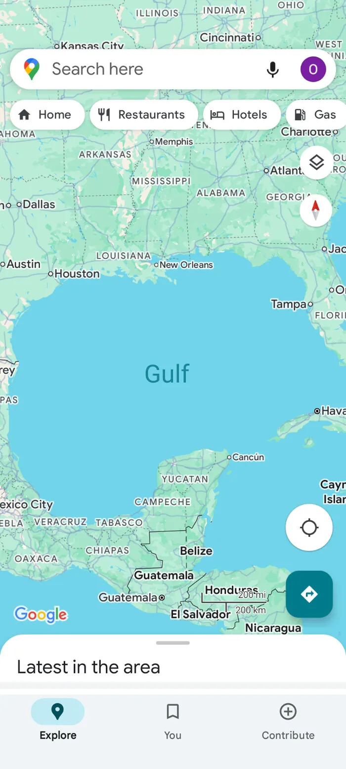 Google Maps screenshot showing Gulf of Mexico and surrounding US states and Central America with search options visible, geography map.