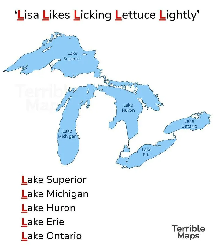 Map of the Great Lakes with a mnemonic highlighting the letter L in a funny geography meme about lakes.