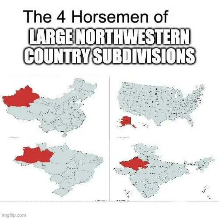 Maps highlighting the large northwestern country subdivisions in different continents for geography memes.