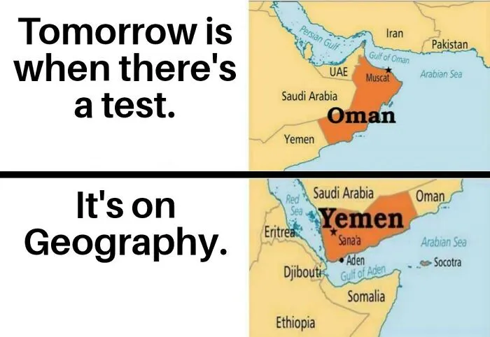 Map humor showing confusion between Oman and Yemen locations, highlighting funny and silly geography memes about tests.