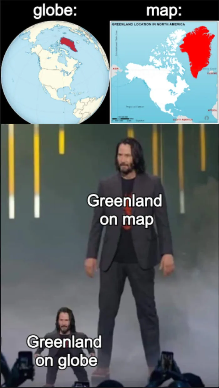 Comparison of Greenland size on globe versus map with a meme of a small and large person representing the difference in geography perception.