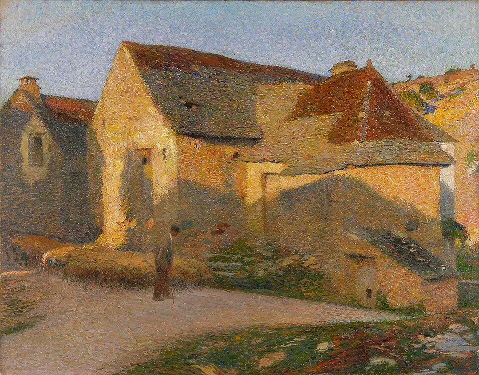 Impressionist style painting showing houses and a figure using small dots of color to create the image.