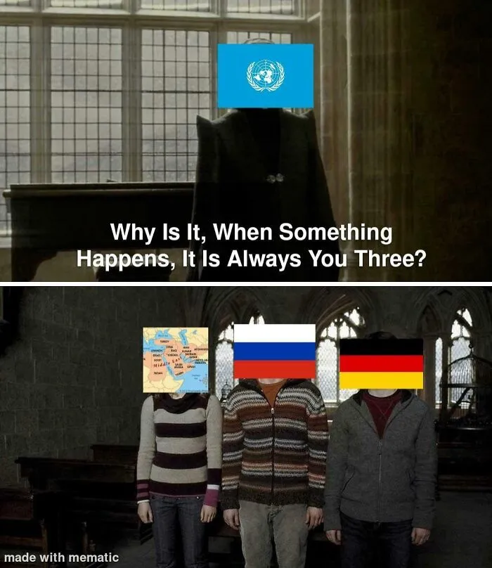 Meme showing geopolitical humor with country flags and map faces referencing funny geography conflicts.
