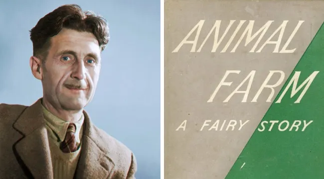 Portrait of George Orwell next to the cover of Animal Farm, highlighting the main theme of Orwell’s Animal Farm literature.