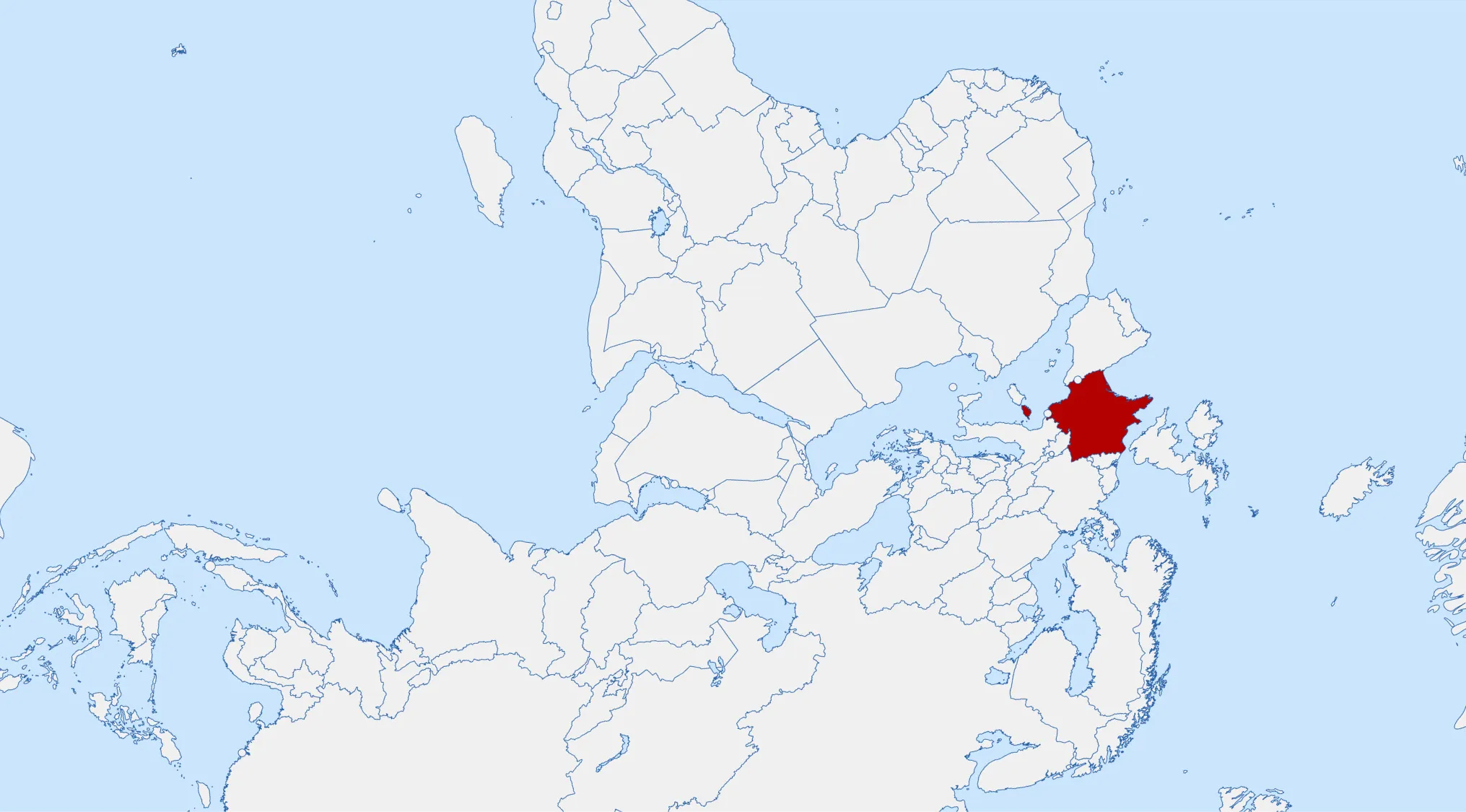 Map highlighting a country in red for a geography challenge to guess the country from crazy world maps.