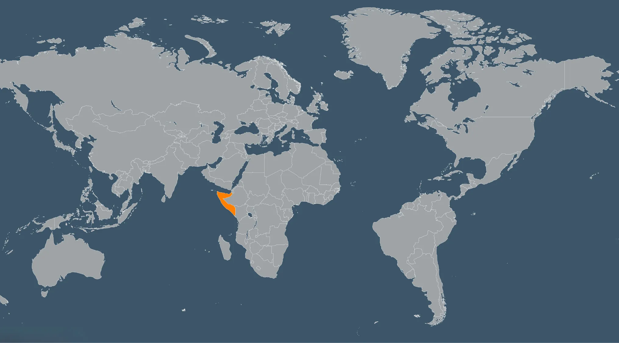 World map showing a country highlighted in orange in Africa for geography challenge and guess the country game.