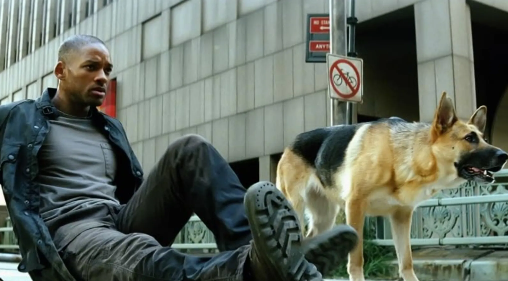 Will Smith sitting on the ground next to a German Shepherd dog in a city scene from the movie I Am Legend taglines quiz.