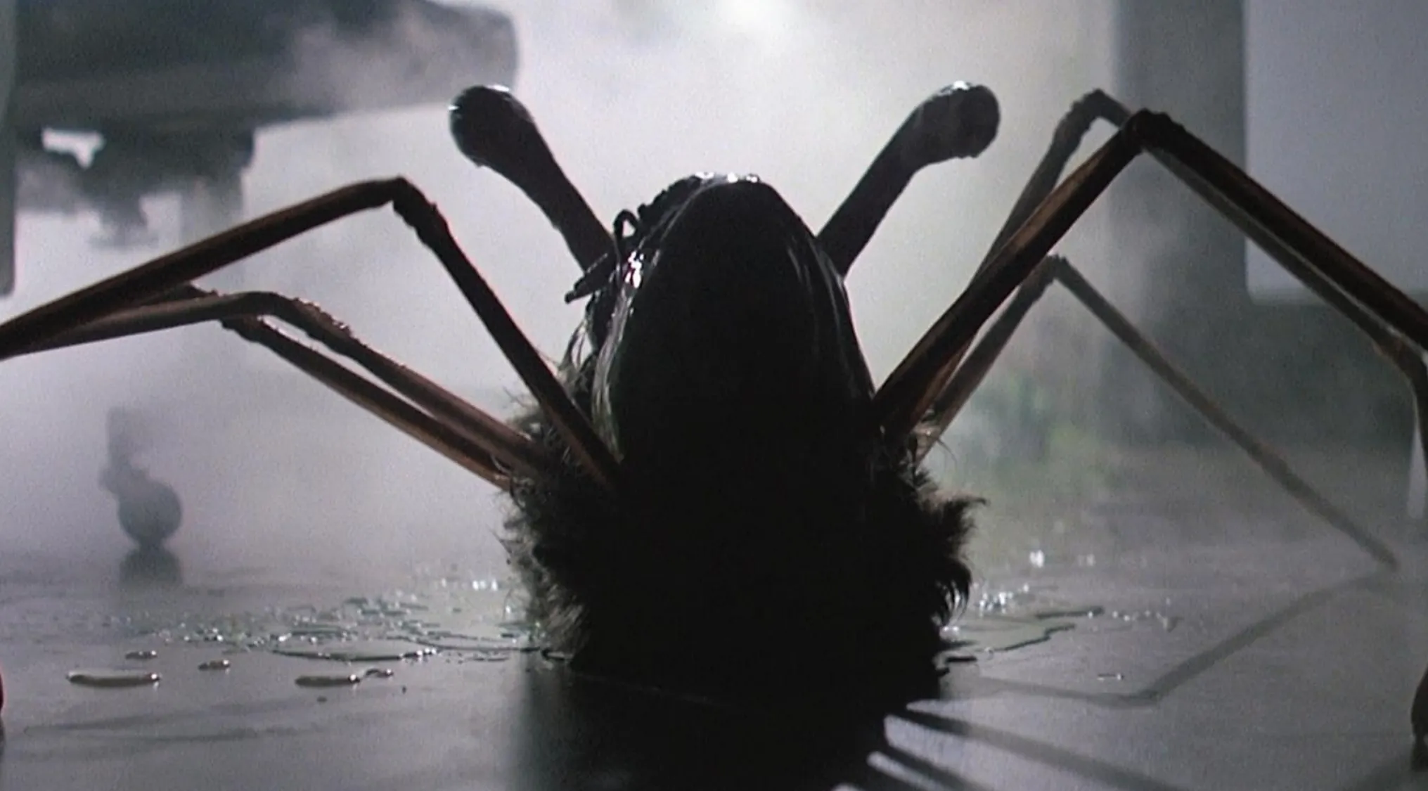 Close-up of creature with insect-like legs emerging from The Thing movie scene in dark, foggy setting.