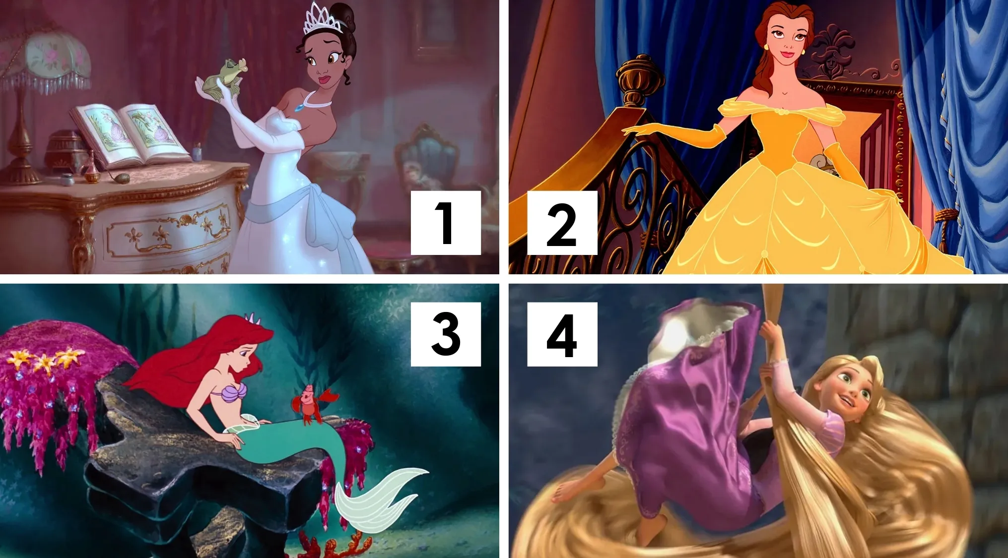 Four Disney princesses numbered for a character quiz, featuring main Disney princess characters to match names.