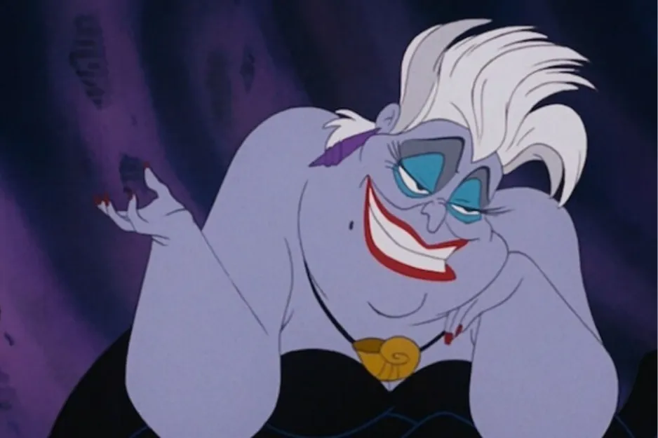 Ursula, a fashionable villain obsessed with fur coats, plotting trouble for a family of spotted puppies in dark setting.