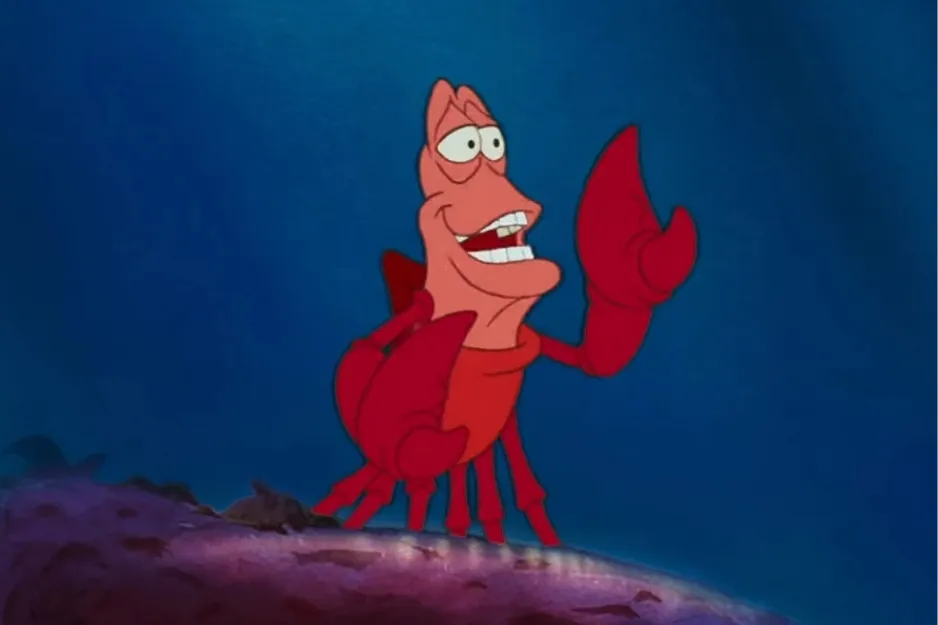 Sebastian the magical character, a red crab, delivering fast-paced humor and becoming a loyal friend underwater.
