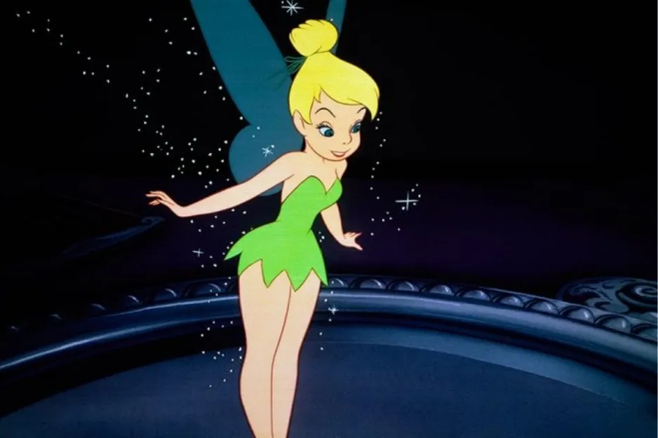 Tinker Bell with sparkling wings in a green dress, a magical character known for granting wishes and friendship.