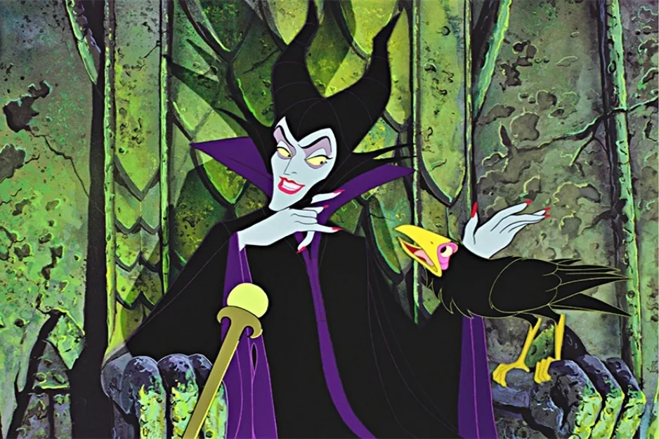 Maleficent, a fashionable villain obsessed with fur coats, scheming with a black crow in a dark, eerie setting.