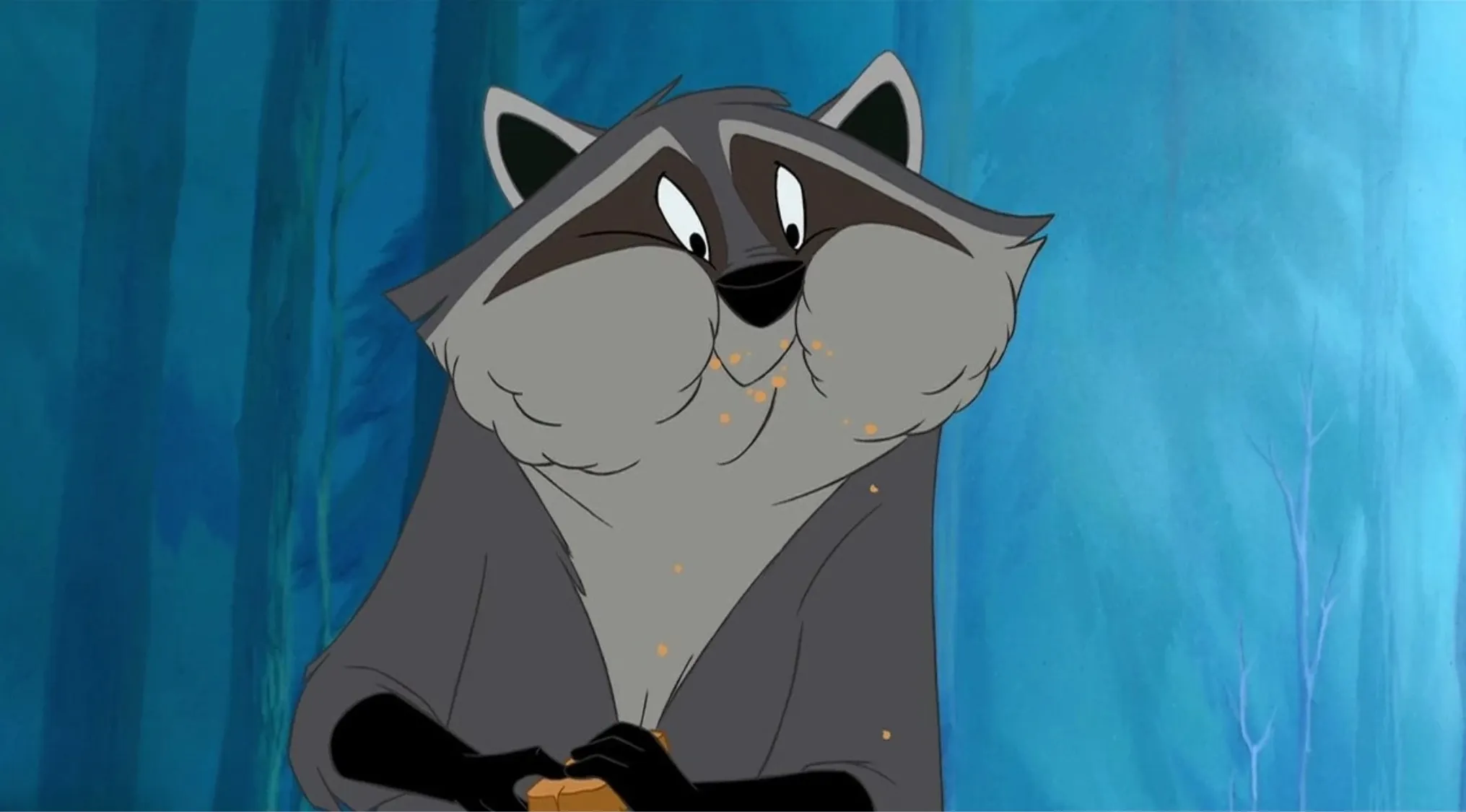 Disney character Meeko the raccoon with cheeks full of food in a forest scene from a Disney movie quiz.