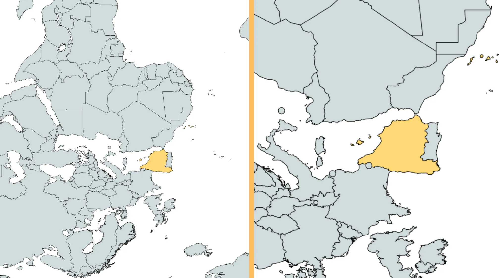 Upside-down world map highlighting a specific country in yellow for a geography challenge guessing the country from maps.