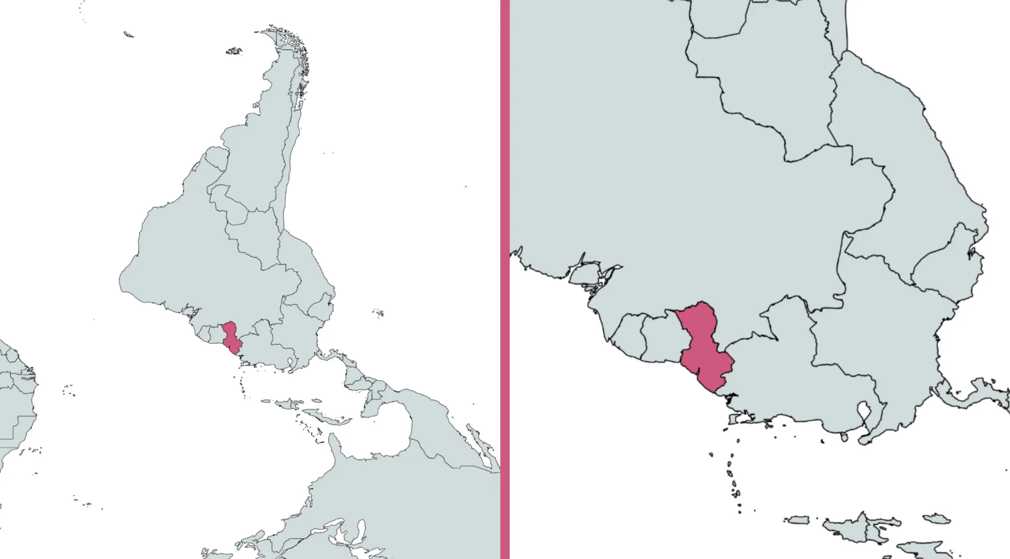 Mirrored map of a country highlighted in pink on a world map for geography challenge guessing the country.