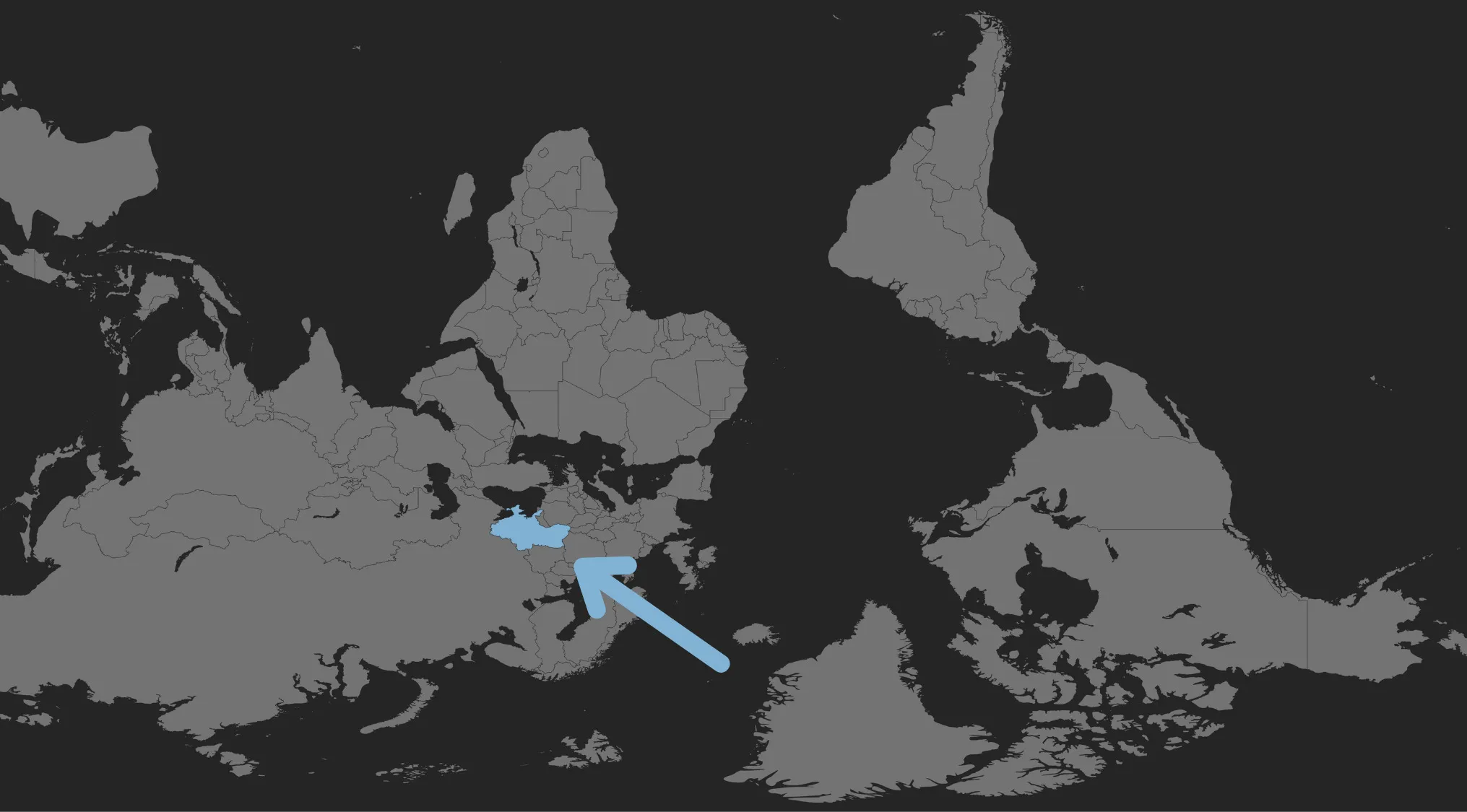 Map highlighting a country in Eastern Europe on an upside-down world map for geography challenge guess the country.